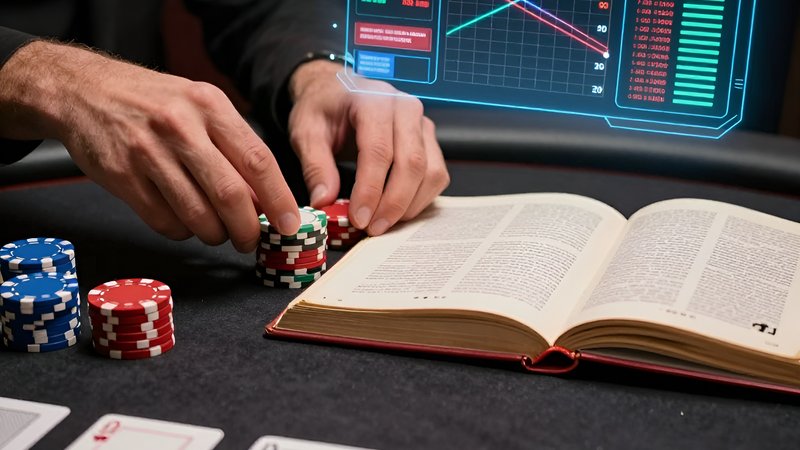 Профессиональный игрок изучает продвинутые техники Омахи с помощью книги и голографических графиков