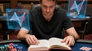 Профессиональный игрок изучает топ книг по Омахе для профи в 2026 году с голограммами