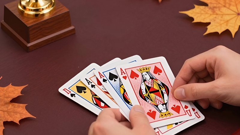 Руки игрока раскладывают карты среди осенних листьев, отражая стратегии игры в Омаху