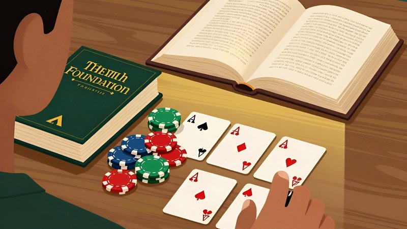 Стопка книг по стратегии и покерные фишки как фундамент Омахи для начинающего игрока